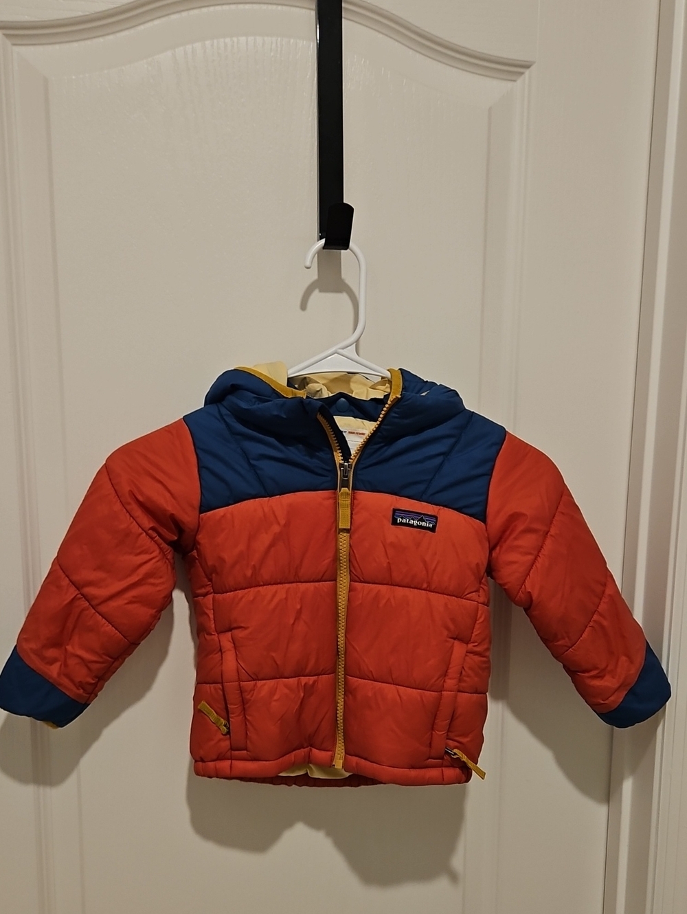 Patagonia Kids Puffer Jacket in Red-Orange with Blue Accents 2T